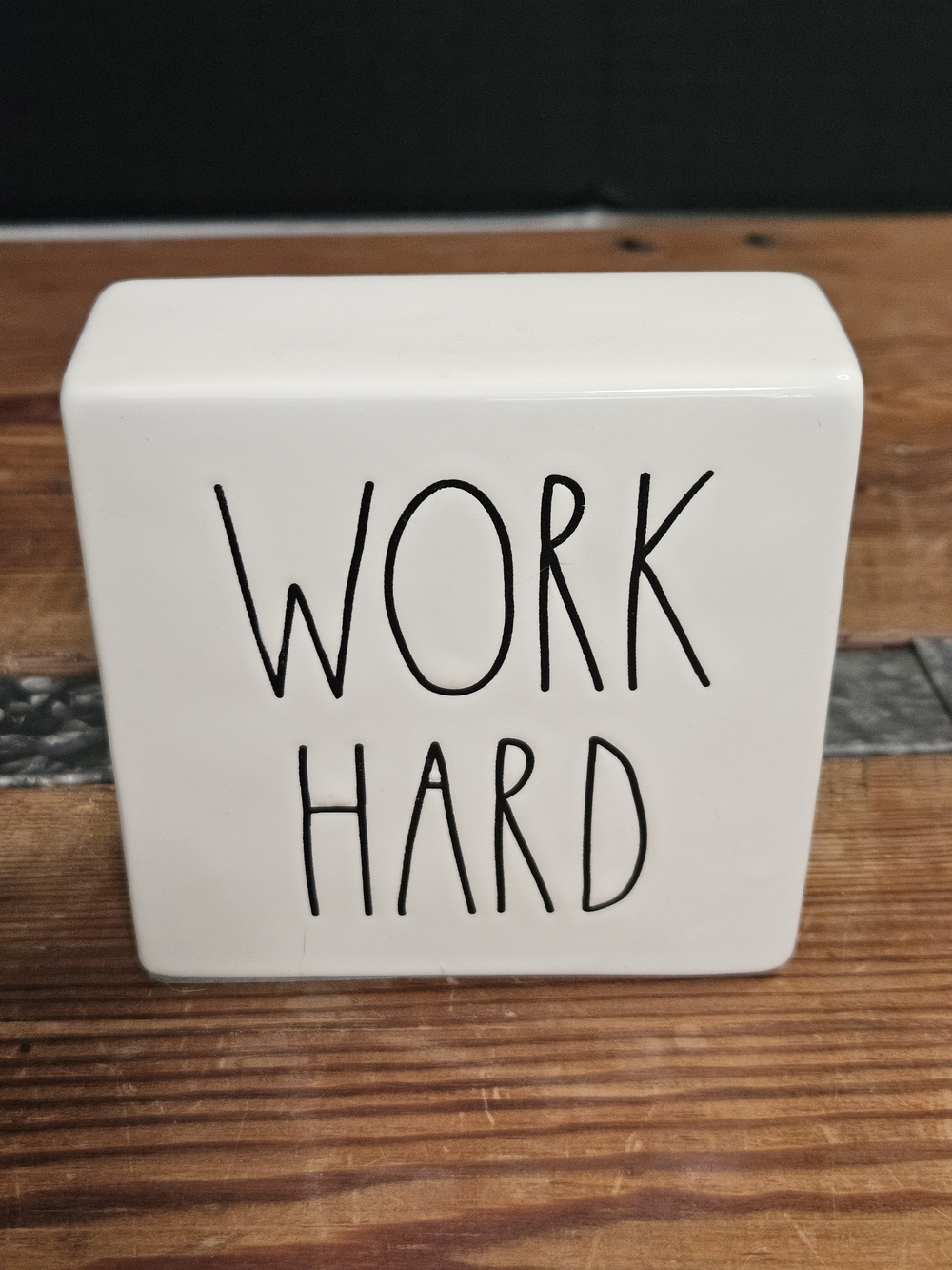 Rae Dunn White Ceramic Block Sign "WORK HARD"